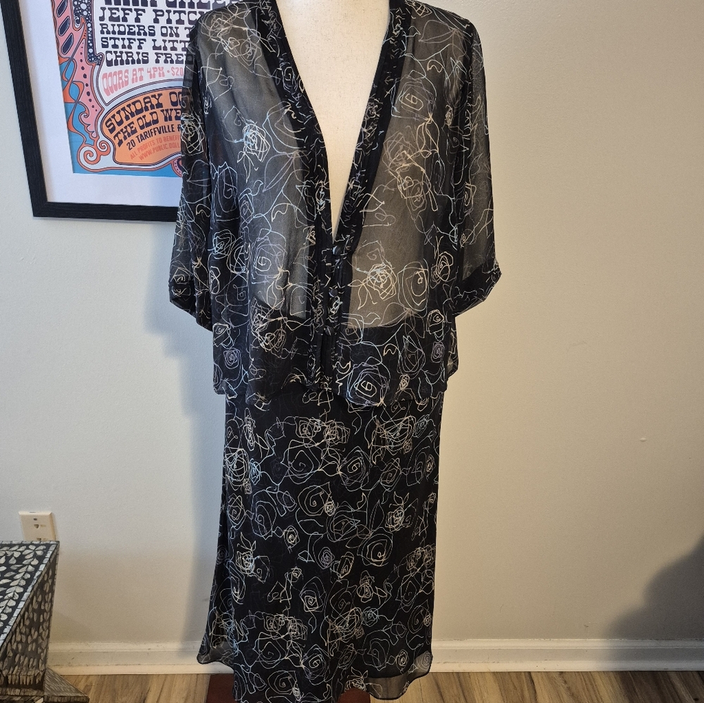Boden Floral Black Sheer Women's Skirt  Blouse Set XL Silk Scribble Floral Print